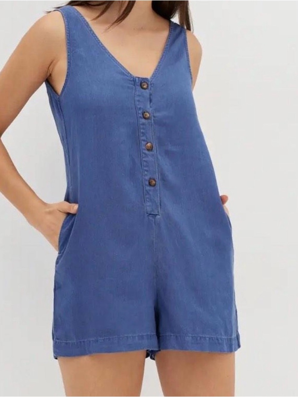 Sleeveless Blue Button-Front Denim Romper